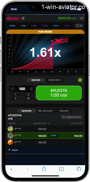 Captura de pantalla del juego Aviator en la aplicación 1Win