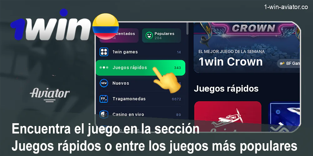 Encuentre el juego 1Win Aviator en el filtro del casino a la izquierda